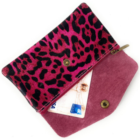 Micro sac pochette porte-monnaie en cuir irisé pur de vachette couleur fuchsia motif léopard fabriqué en Italie pour femme