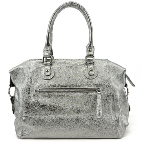 Sac femme en cuir métallisé forme trapèze haut de gamme porté épaule avec bandoulière sac couleur argent moyen
