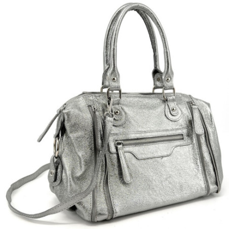 Sac à main en cuir femme forme trapèze pur de vachette haut de gamme porté épaule avec bandoulière sac gris moyen argenté