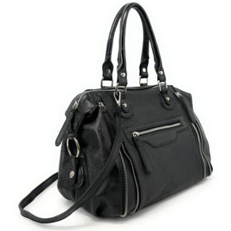 Sac en cuir irisé noir femme forme trapèze pur de vachette haut de gamme porté épaule avec bandoulière