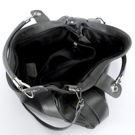 Sac cabas très tendance femme en cuir grainé italien porté bandoulière gris foncé