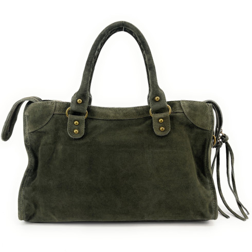 Sac en cuir nubuck femme pur de vachette fabriqué en Italie vert kaki avec bandoulière
