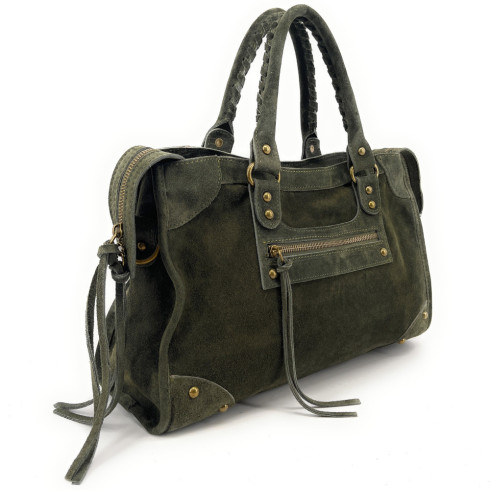 Sac baguette en cuir nubuck femme pur de vachette couleur kaki porté main avec bandoulière