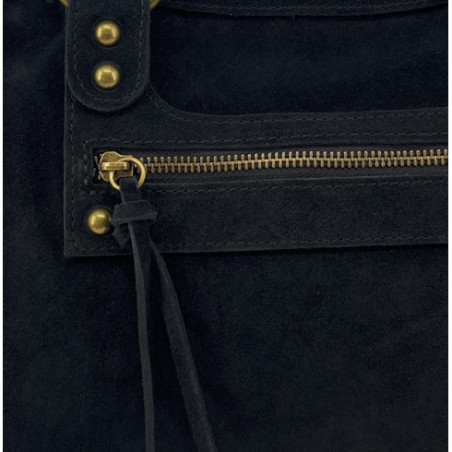 Sac baguette en cuir noir pur de vachette porté main ou bandoulière sac à main en daim
