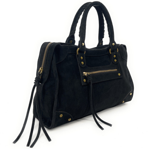 Sac à main baguette en cuir daim pur vachette noir femme fabriqué en Italie