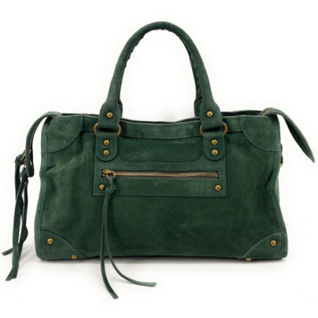 Sac baguette en cuir pur de vachette porté main ou bandoulière sac à main en daim vert forêt