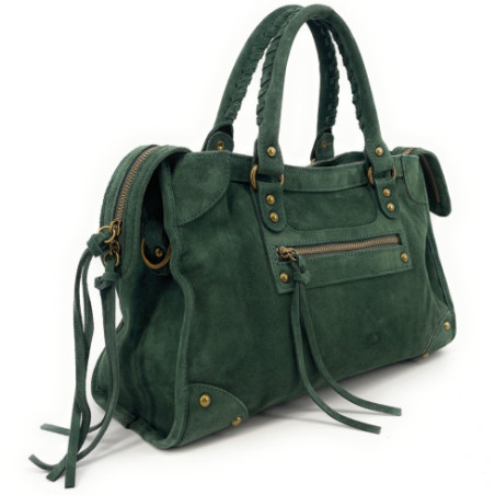 Sac à main femme en cuir nubuck pur de vachette haut de gamme sac baguette daim vert foncé