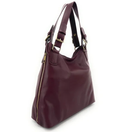 Sac hobo tendance femme en cuir italien lisse rouge bordeaux porté épaule
