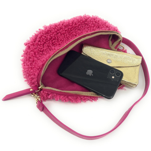Sac banane à bandoulière amovible femme en peluche rose et cuir