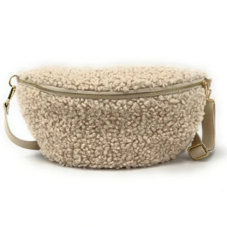 Grand sac banane en fausse fourrure et cuir pour femme super tendance couleur beige