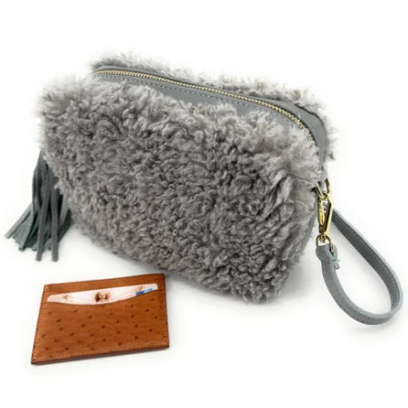 Sac trotteur pour femme en fausse fourrure et cuir pur de vachette avec bandoulière gris