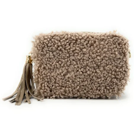 Sac forme trotteur pour femme fausse fourrure et cuir couleur taupe avec bandoulière fabriqué en Italie