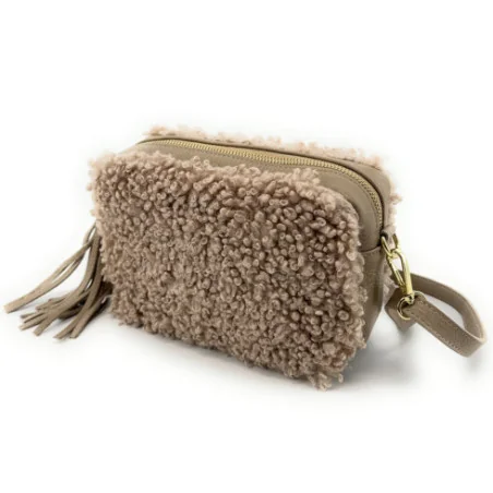 Sac trotteur à bandoulière pour femme en fausse fourrure et cuir taupe moyen fabriqué en Italie