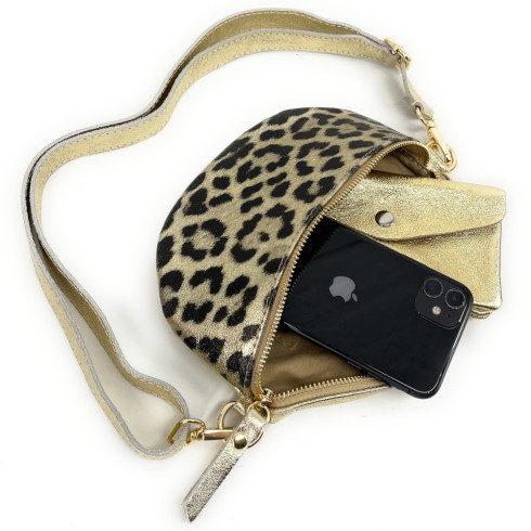 Sac banane en cuir brillant couleur or imprimé pour femme avec bandoulière amovible fabriqué en Italie