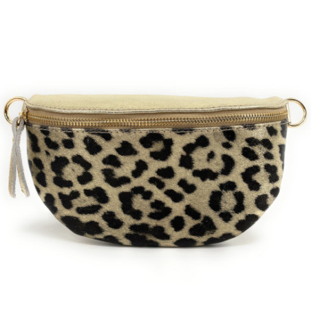 Sac banane en cuir irisé or pale à motif léopard pour femme avec bandoulière amovible fabriqué en Italie