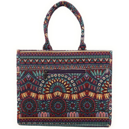 Sac cabas mode vegan femme en tissu brodé imprimé ethnique porté bandoulière et main
