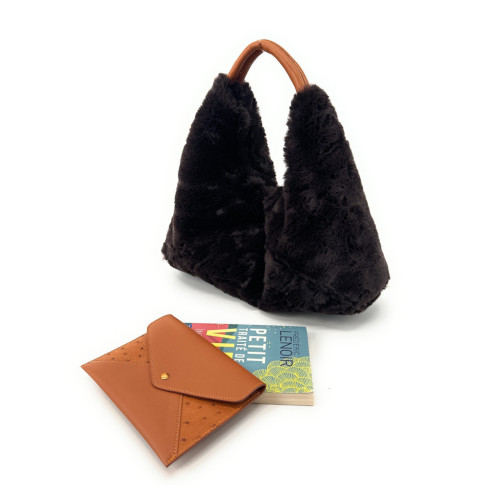 Sac hobo femme en fausse fourrure et cuir pur vachette fabriqué en Italie marron choco