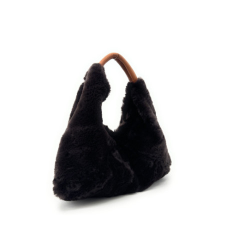 Sac à main femme forme hobo en fausse fourrure et cuir couleur chocolat fabriqué en Italie