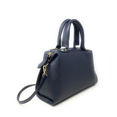 Sac en cuir grainé bowling pour femme bleu nuit avec bandoulière amovible