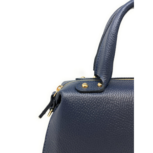 Sac à main forme bowling femme en cuir pur de vachette bleu nuit avec bandoulière amovible fabriqué en Italie