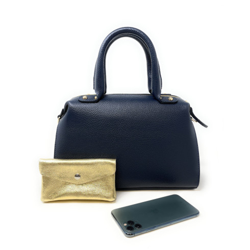 Sac femme forme bowling en cuir pur de vachette bleu nuit avec bandoulière amovible fabriqué en Italie