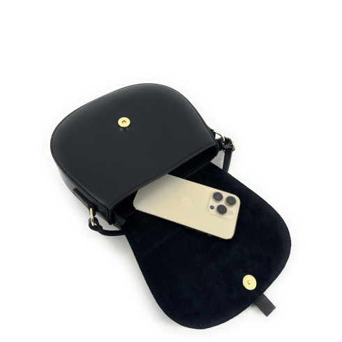 Mini-sac trotteur femme en cuir glacé et nubuck pur vachette fabriqué en Italie noir