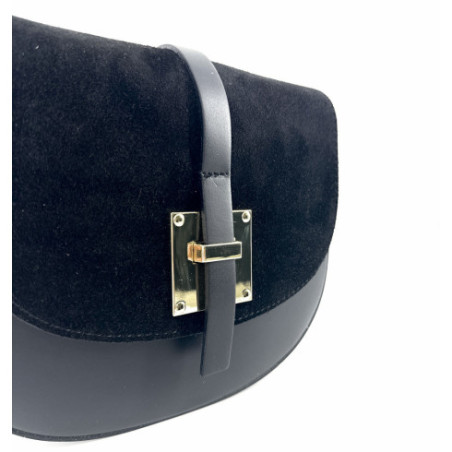 Mini-sac à main femme forme besace noir en cuir glacé et daim nubuck fabriqué en Italie