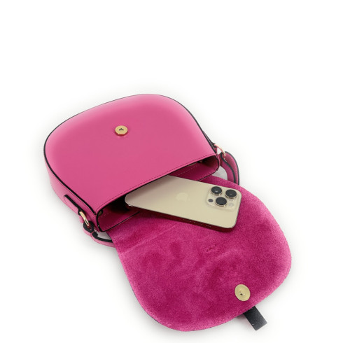 Mini-sac trotteur à bandoulière en cuir lisse et daim pour femme fuchsia fabriqué en Italie
