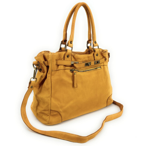 Sac cabas mode femme en cuir pleine fleur souple délavé vintage porté bandoulière jaune foncé sac haut de gamme