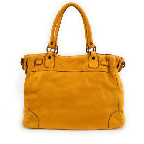 Sac mode femme en cuir italien souple vintage pur vachette porté épaule avec bandoulière amovible jaune foncé