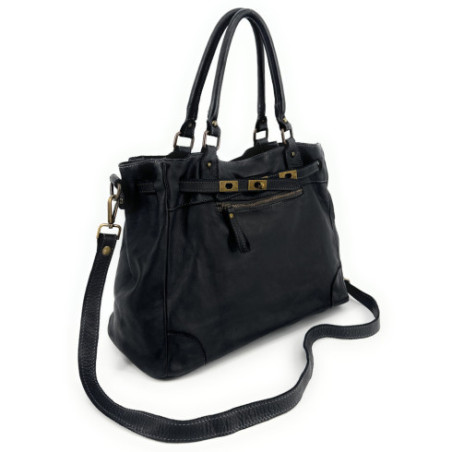 Sac à main femme en cuir porté main épaule et bandoulière noir sac très tendance