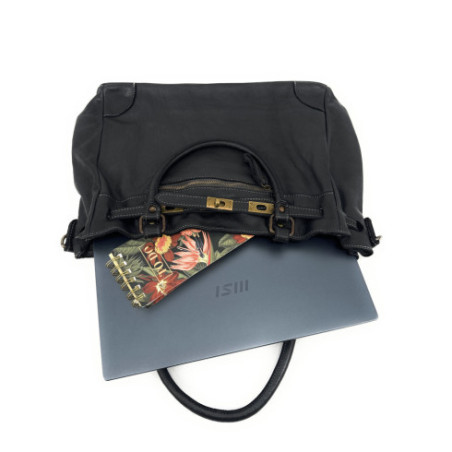 Sac à main haut de gamme femme en cuir italien pur cuir vintage porté main épaule et bandoulière noir