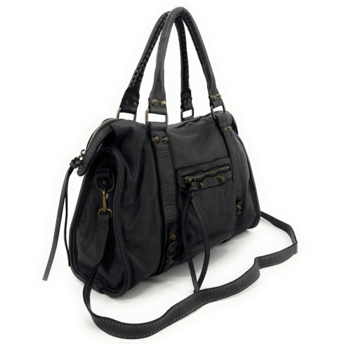 Sac noir pour femme en cuir vintage pur vachette porté main et épaule avec bandoulière