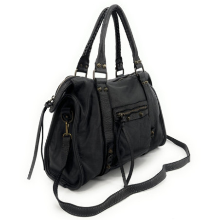 Sac noir pour femme en cuir vintage pur vachette porté main et épaule avec bandoulière