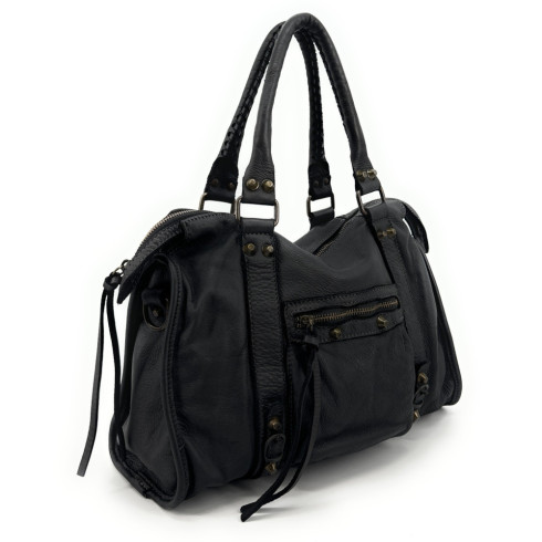 Sac à main noir de rentrée pour femme en cuir pleine fleur souple délavé pur de vachette fabriqué en Italie