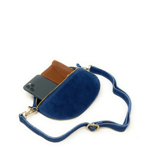 Sac banane italien en cuir nubuck pur de vachette pour femme avec bandoulière bleu