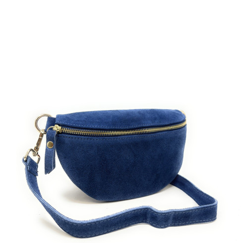 Sac banane à bandoulière en cuir nubuck fabriqué en Italie bleu pour femme avec bandoulière