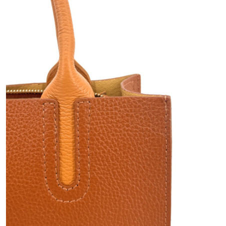 Sac femme cabas en cuir grainé pur vachette fabriqué en Italie camel foncé
