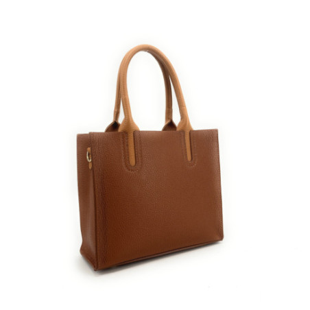 Sac cabas femme en cuir grainé pur de vachette  camel foncé fabriqué en Italie
