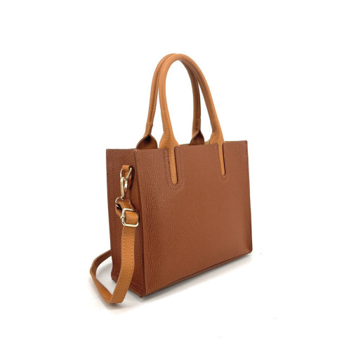 Sac à main cabas pour femme en cuir pur de vachette fabriqué en Italie camel foncé