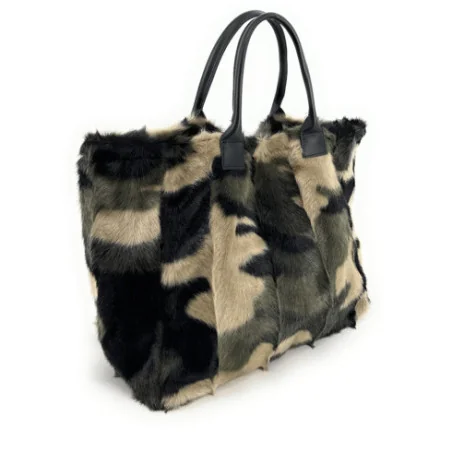Sac à main shopping fluffy femme en cuir et fausse fourrure imprimé camouflage