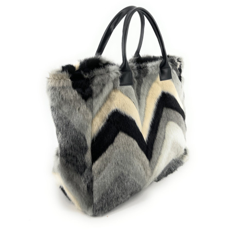 Grand sac shopping type fluffy en fausse fourrure et cuir pour femme à motif gris