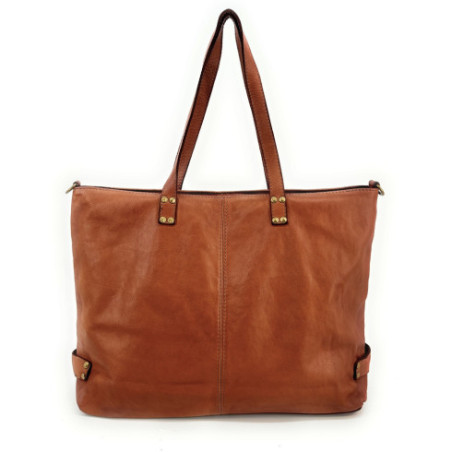 Sac à main forme cabas pour femme en cuir souple délavé avec bandoulière amovible camel foncé