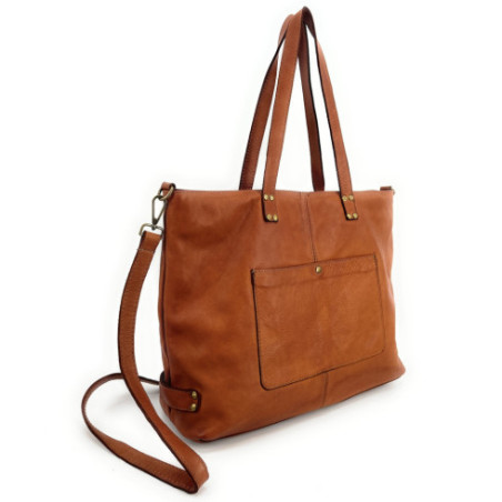 Sac à main cabas femme en cuir vintage italien avec bandoulière amovible camel foncé