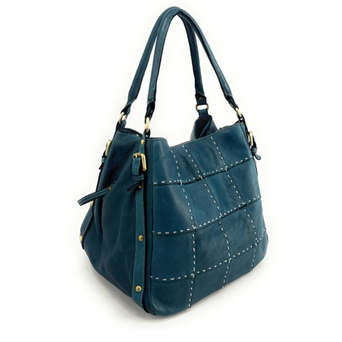 Sac seau pour femme en cuir vintage avec bandoulière bleu canard