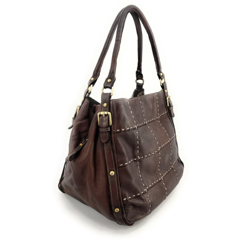 Sac à main forme seau pour femme en cuir vintage pur de vachette couleur choco
