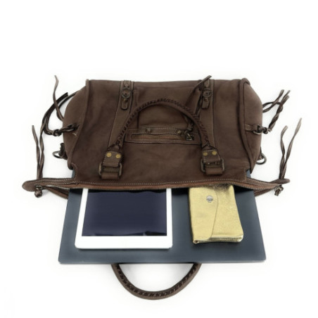 Grand sac femme de rentrée en cuir porté épaule avec bandoulière moka sac tendance