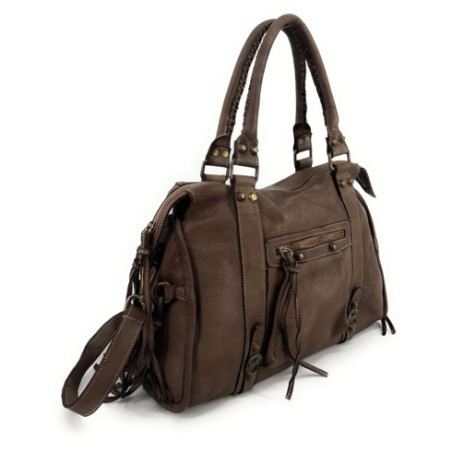 Sac à main femme en cuir de vachette porté épaule avec bandoulière moka sac de cours tendance