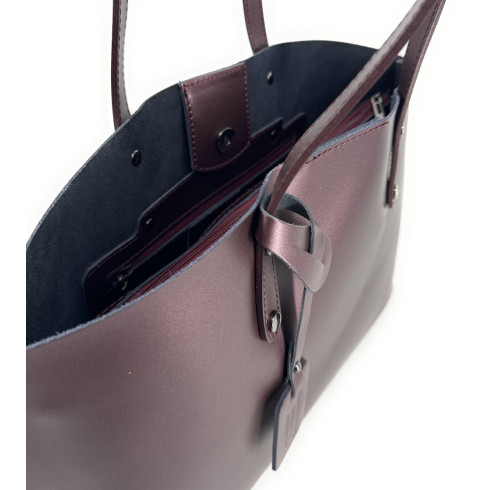Grand sac à main femme en cuir irisé pur de vachette fabriqué en Italie couleur bordeaux