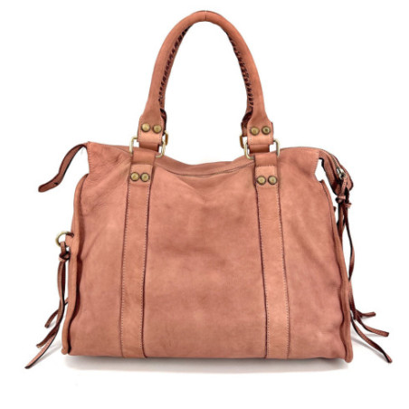 Grand sac à main femme mode en cuir italien vintage porté épaule avec bandoulière amovible rose nude